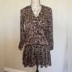 5/$$25 Zara Boho Animal Print Long Sleeve Satin Mini Dress, Drop Waist, Size XS